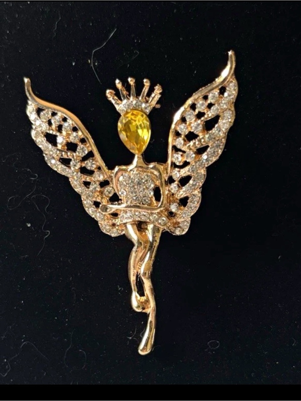 Vintage Fairy Brooch Gold Tone Clear Rhinestones Yellow Crystal Pixie Angel Pin
